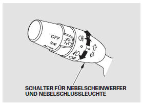 Der Nebelscheinwerferschalter befindet sich neben dem Lichtschalter. Die