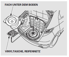 8. Das Fach unter dem Boden ausbauen, dann die Vinyltasche und das Reifennetz