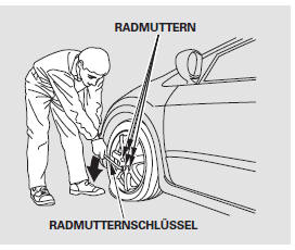 12. Die vier Radmuttern mit dem Radmutternschlüssel um eine 1/2 Umdrehung